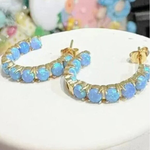Beautiful Blue Opal Simulated 18k gold plated hoop pierced earrings - Picture 2 of 6